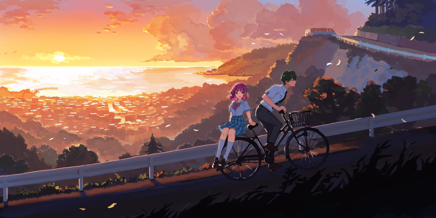 Nini and Konoha ride a bike up a hill overlooking the sea in Loop8: Summer of Gods