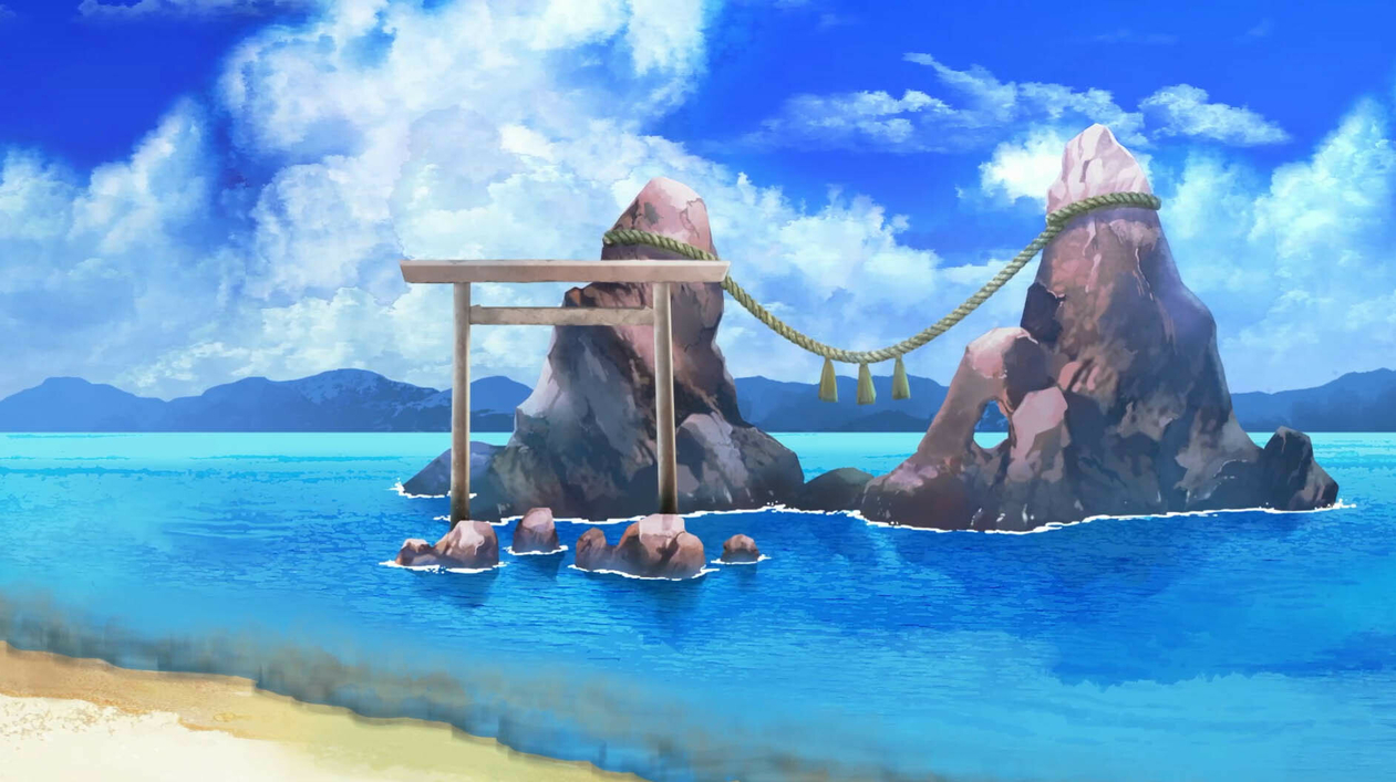Rocks in the sea with a shinto shrine in Loop8: Summer of Gods